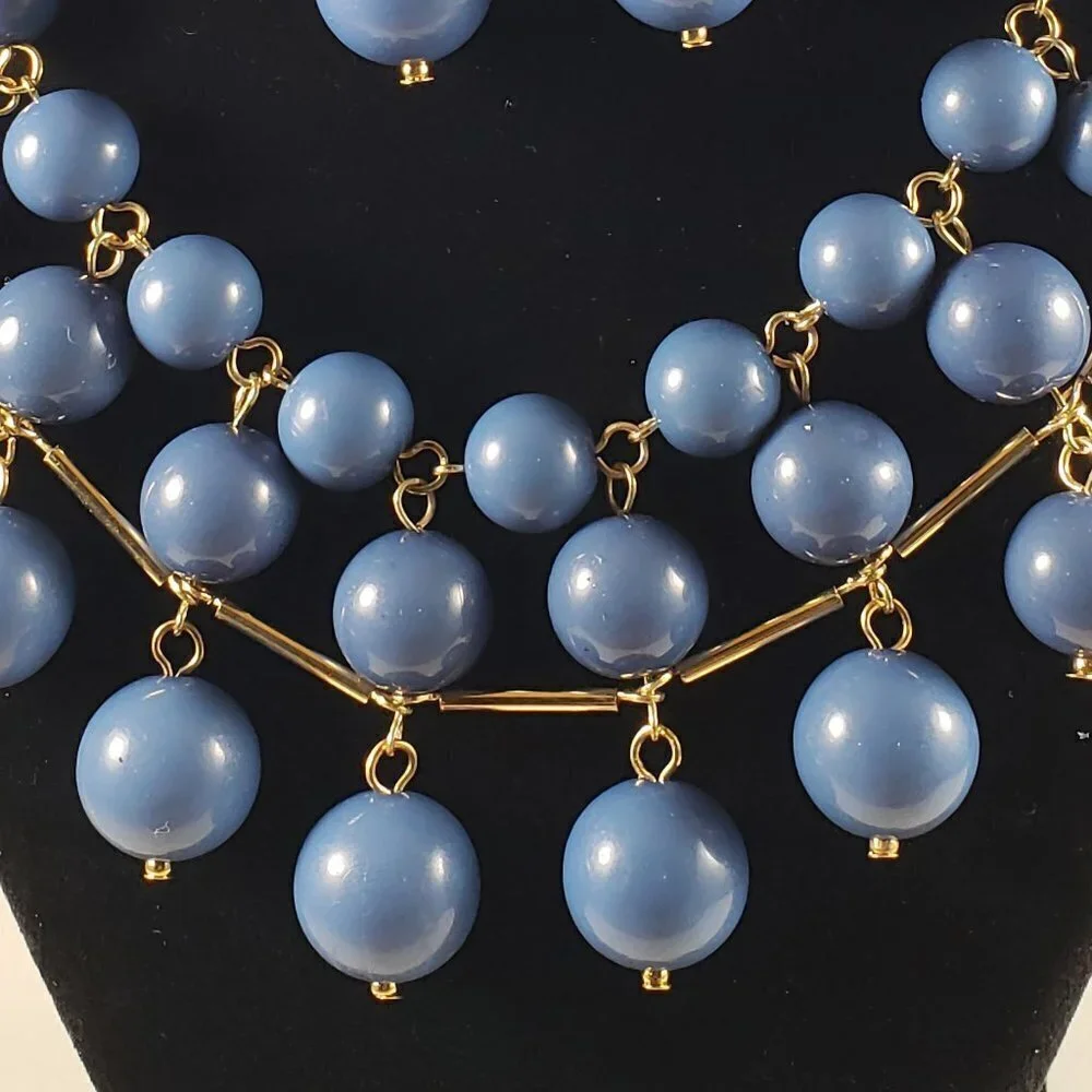 Blue Beaded Necklace & Earrings Set with Gold Links – Statement Evening Jewelry